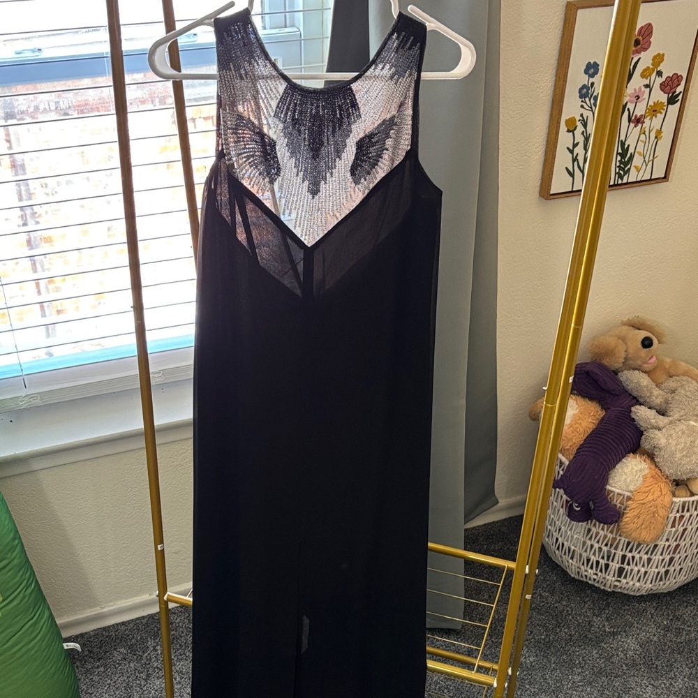 BCBGMaxAzria Black Sleeveless Maxi Dress with Sheer & Silver Sequin Yoke